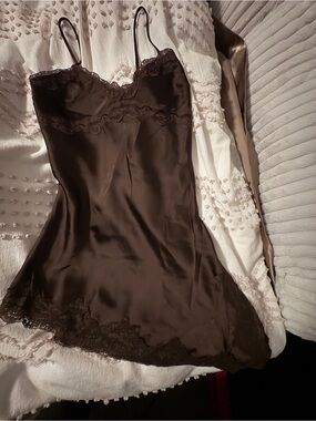 Silky Lace-Trim Brown Satin Chemise